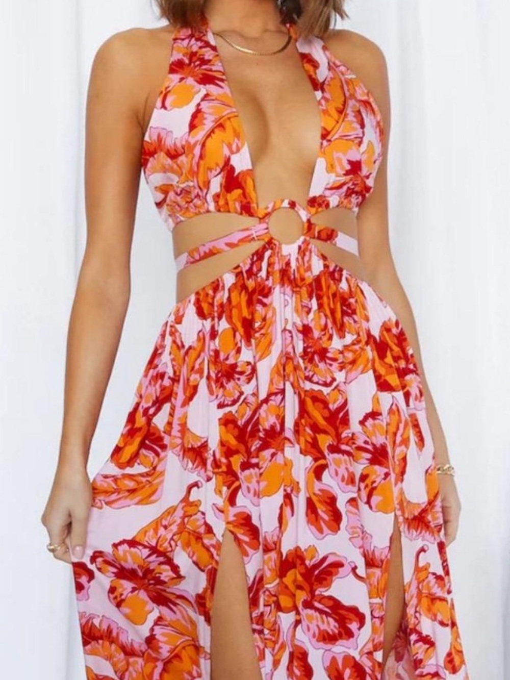 Hello Molly Floral Cutout Halter Maxi Dress in Pink & Orange